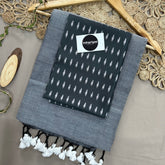 Light Grey Handloom Khadi Cotton Saree With Black Print Blouse